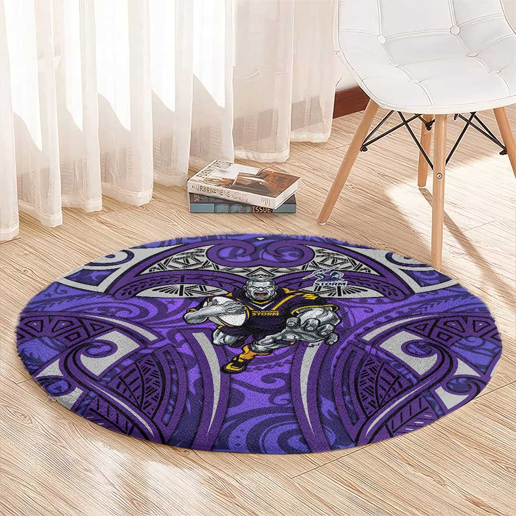 Melbourne Storm Rugby Round Carpet Polynesian Tribal Warrior Lightning Purple Pattern