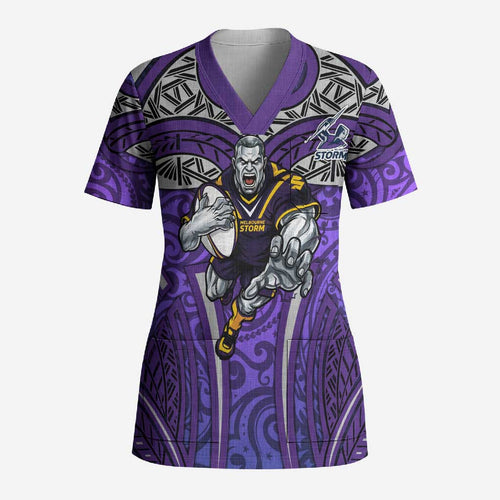 Melbourne Storm Rugby Scrub Top Polynesian Tribal Warrior Lightning Purple Pattern