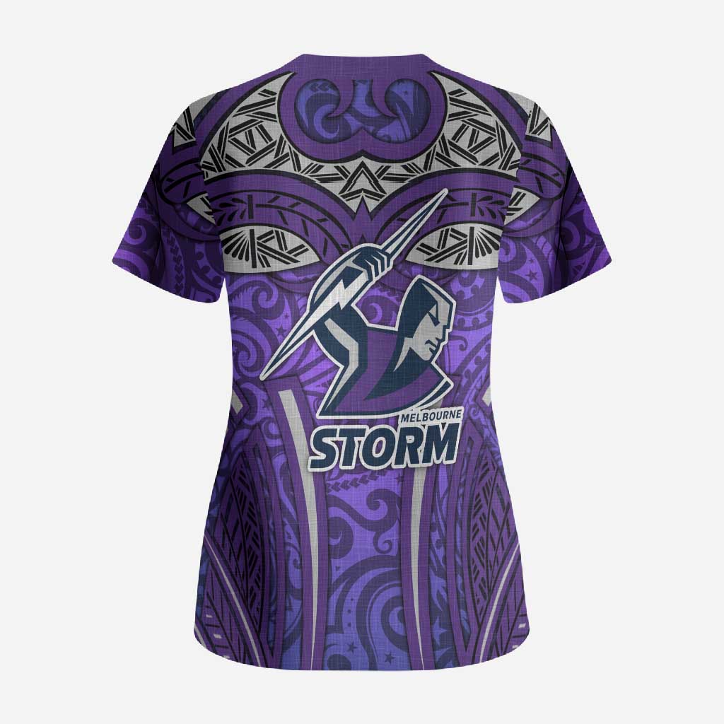 Melbourne Storm Rugby Scrub Top Polynesian Tribal Warrior Lightning Purple Pattern