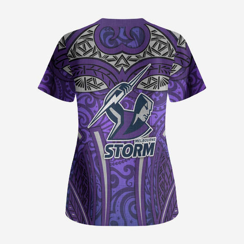 Melbourne Storm Rugby Scrub Top Polynesian Tribal Warrior Lightning Purple Pattern