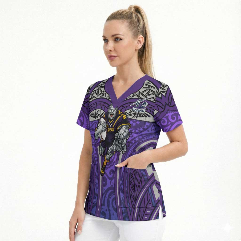 Melbourne Storm Rugby Scrub Top Polynesian Tribal Warrior Lightning Purple Pattern