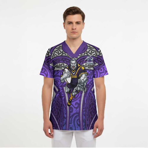Melbourne Storm Rugby Scrub Top Polynesian Tribal Warrior Lightning Purple Pattern