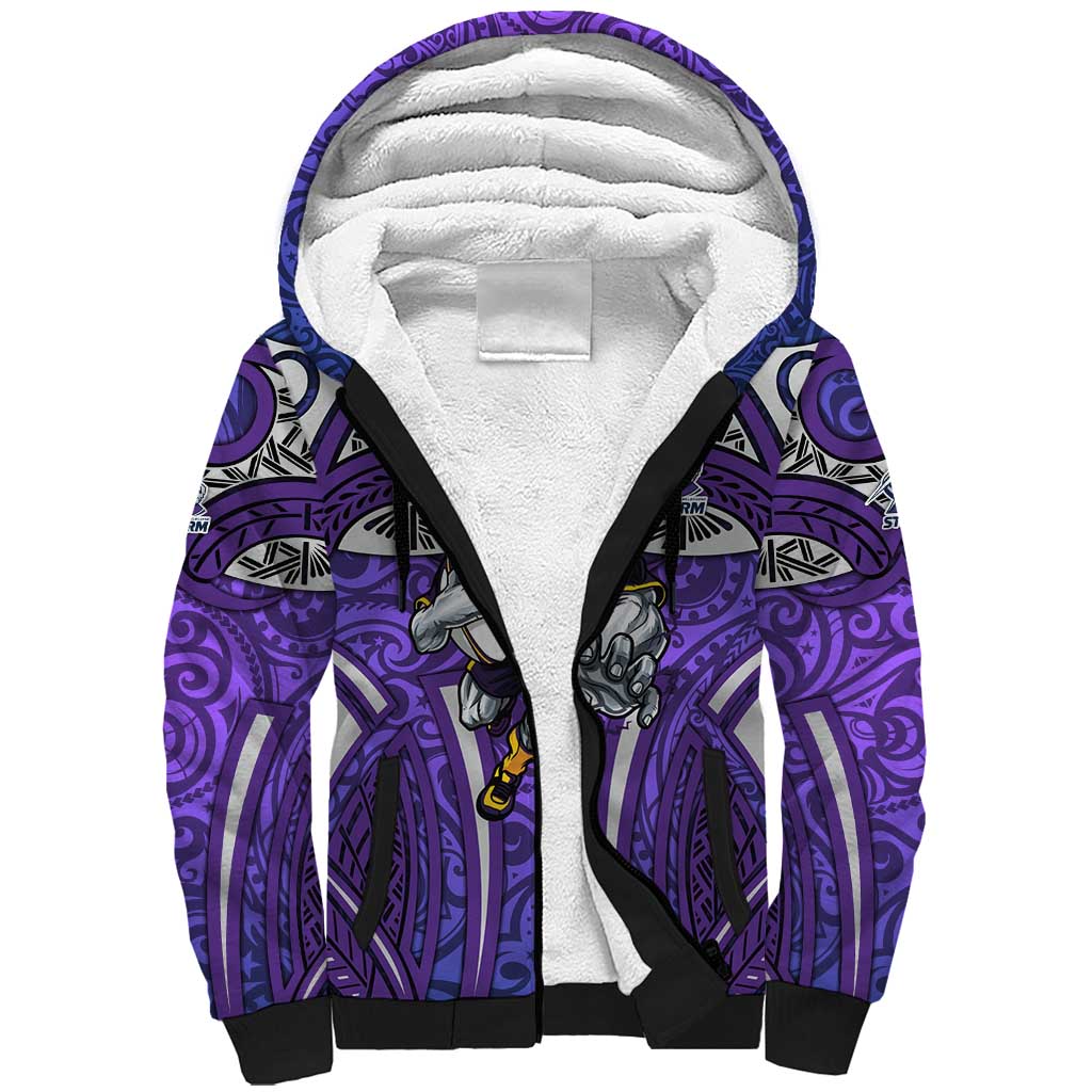 Melbourne Storm Rugby Sherpa Hoodie Polynesian Tribal Warrior Lightning Purple Pattern