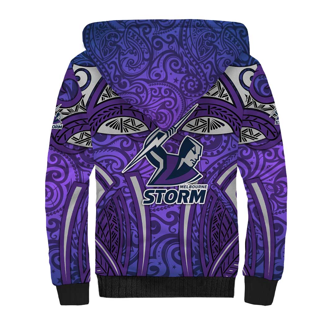 Melbourne Storm Rugby Sherpa Hoodie Polynesian Tribal Warrior Lightning Purple Pattern
