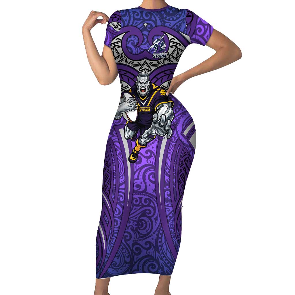 Melbourne Storm Rugby Short Sleeve Bodycon Dress Polynesian Tribal Warrior Lightning Purple Pattern