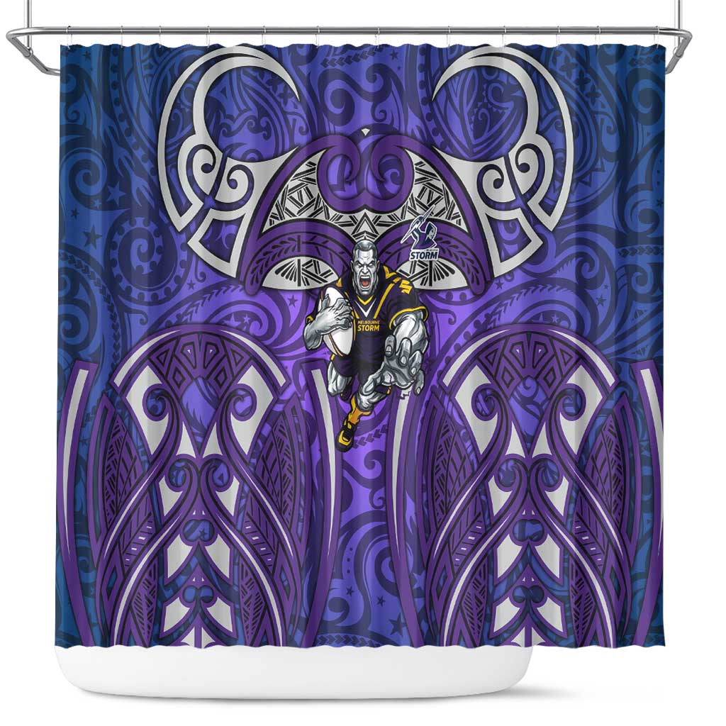 Melbourne Storm Rugby Shower Curtain Polynesian Tribal Warrior Lightning Purple Pattern