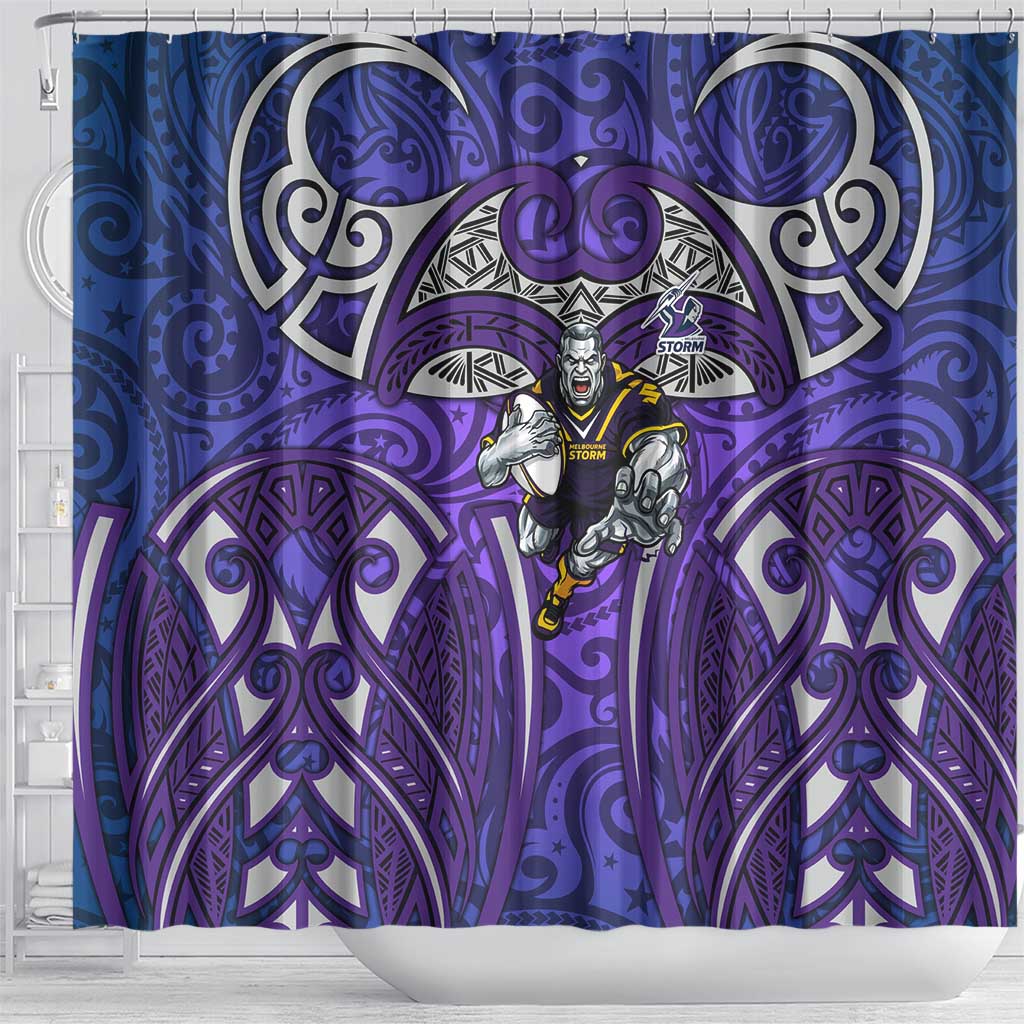 Melbourne Storm Rugby Shower Curtain Polynesian Tribal Warrior Lightning Purple Pattern
