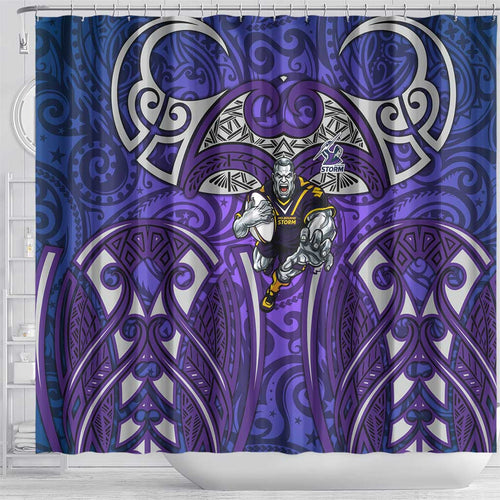Melbourne Storm Rugby Shower Curtain Polynesian Tribal Warrior Lightning Purple Pattern