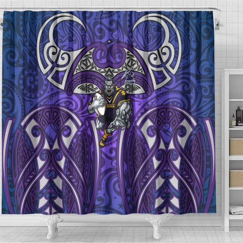 Melbourne Storm Rugby Shower Curtain Polynesian Tribal Warrior Lightning Purple Pattern
