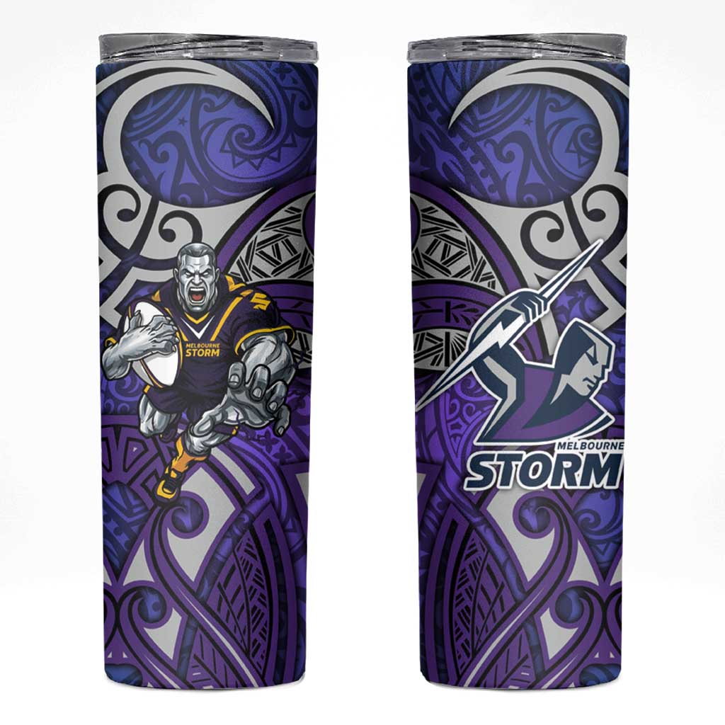 Melbourne Storm Rugby Skinny Tumbler Polynesian Tribal Warrior Lightning Purple Pattern