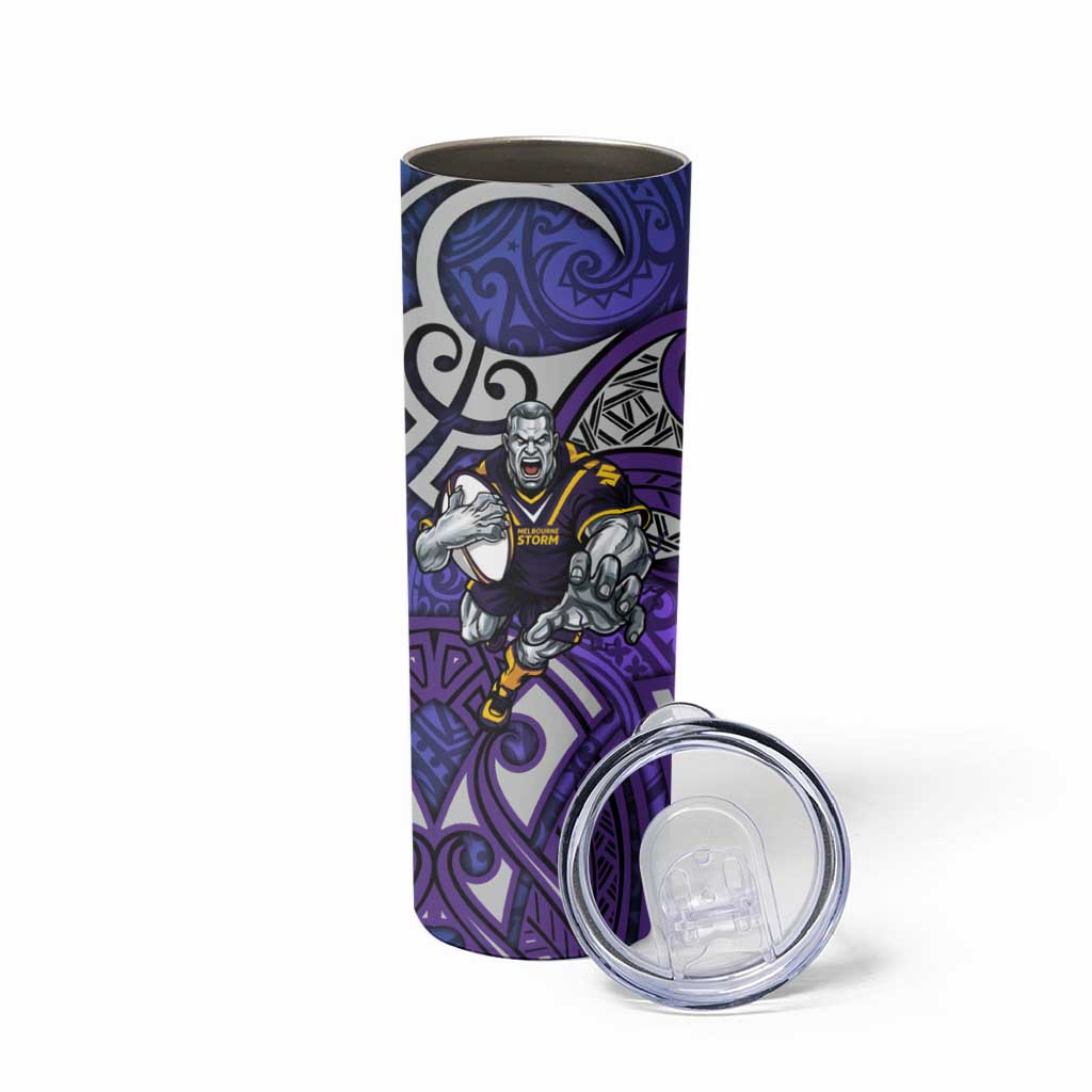 Melbourne Storm Rugby Skinny Tumbler Polynesian Tribal Warrior Lightning Purple Pattern