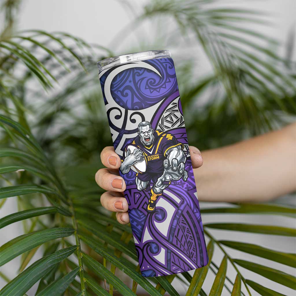 Melbourne Storm Rugby Skinny Tumbler Polynesian Tribal Warrior Lightning Purple Pattern
