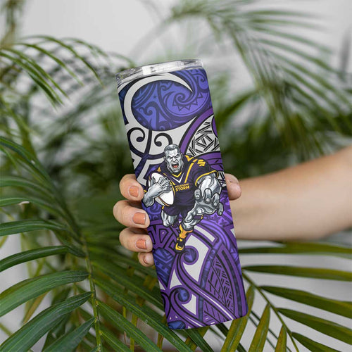 Melbourne Storm Rugby Skinny Tumbler Polynesian Tribal Warrior Lightning Purple Pattern