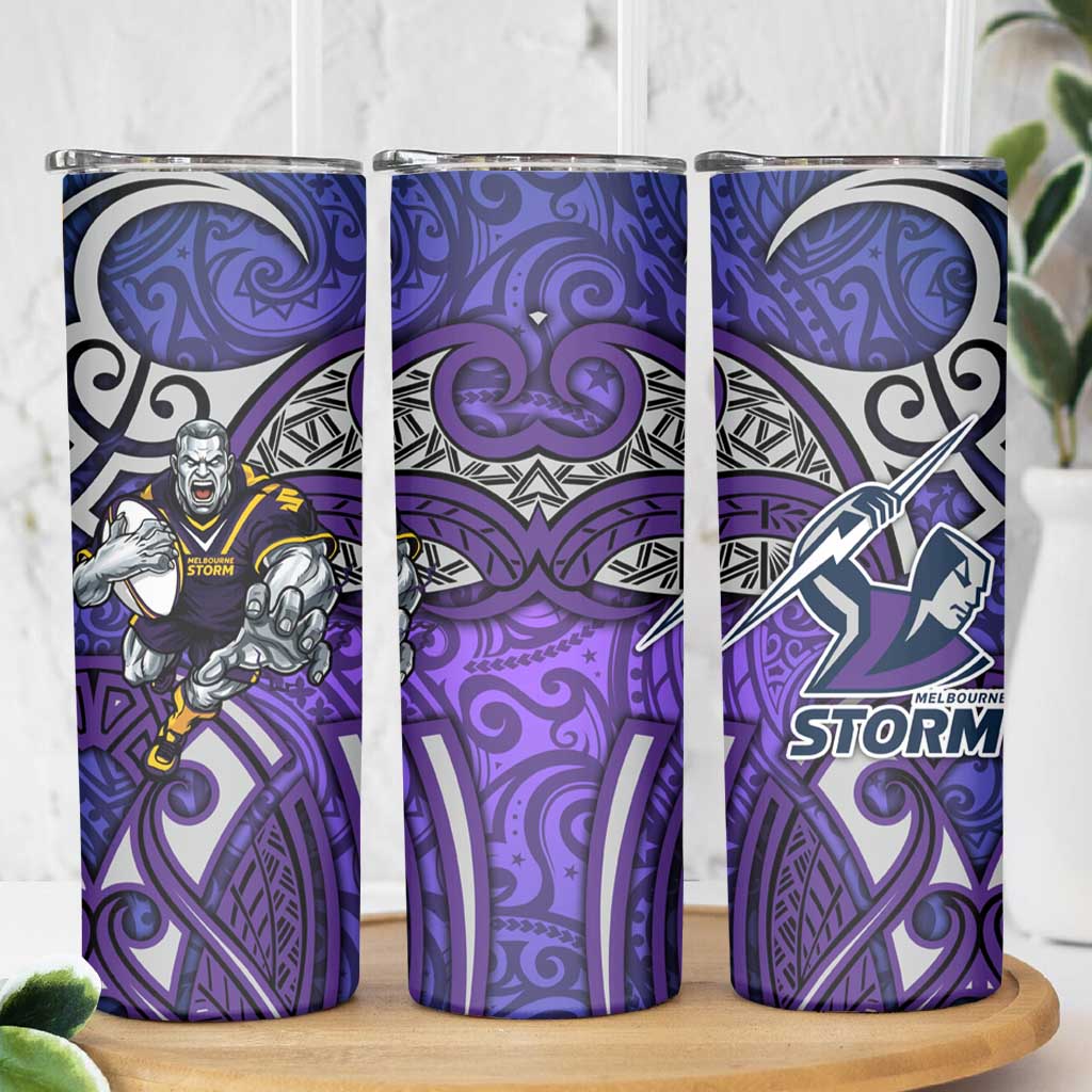 Melbourne Storm Rugby Skinny Tumbler Polynesian Tribal Warrior Lightning Purple Pattern