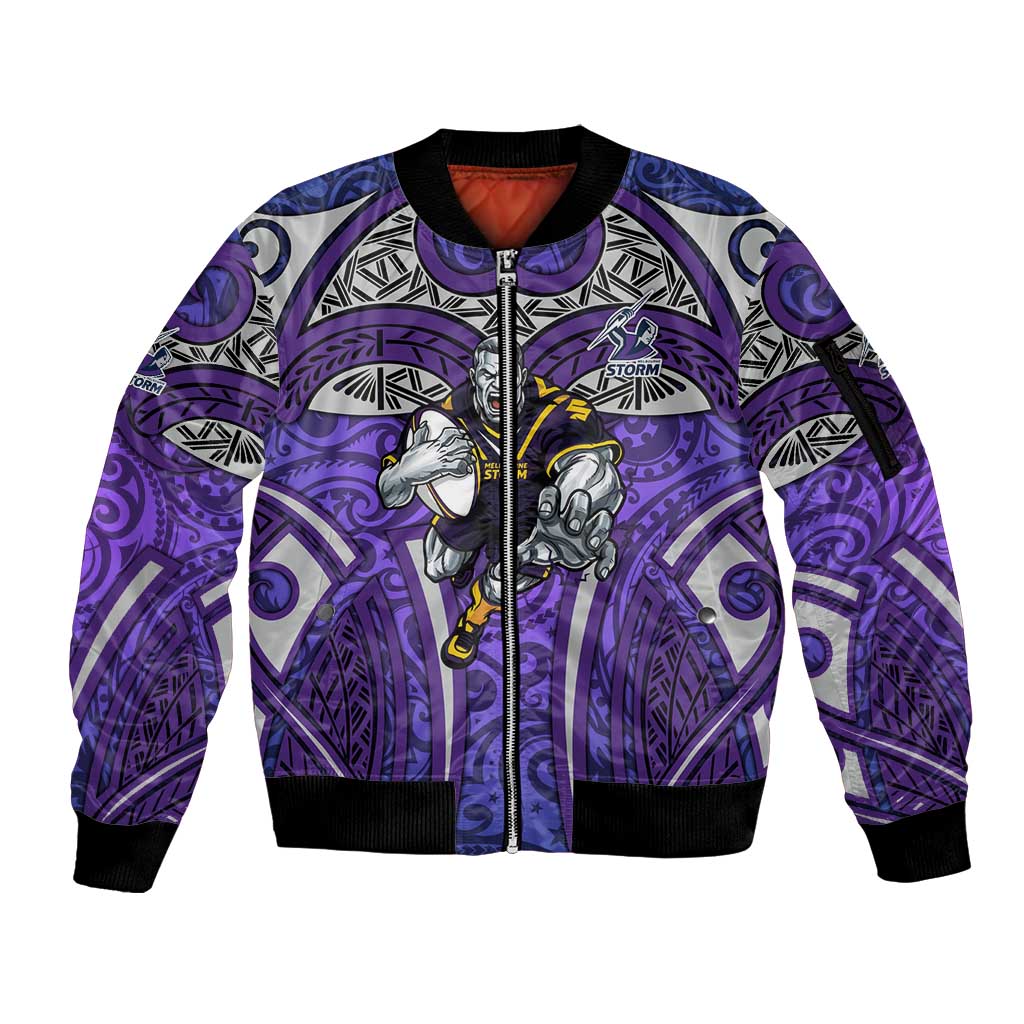 Melbourne Storm Rugby Sleeve Zip Bomber Jacket Polynesian Tribal Warrior Lightning Purple Pattern