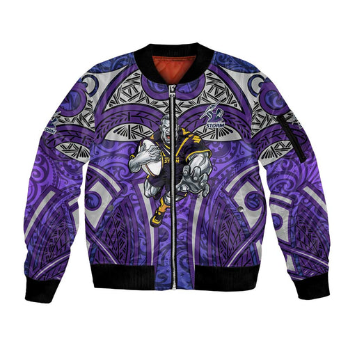 Melbourne Storm Rugby Sleeve Zip Bomber Jacket Polynesian Tribal Warrior Lightning Purple Pattern