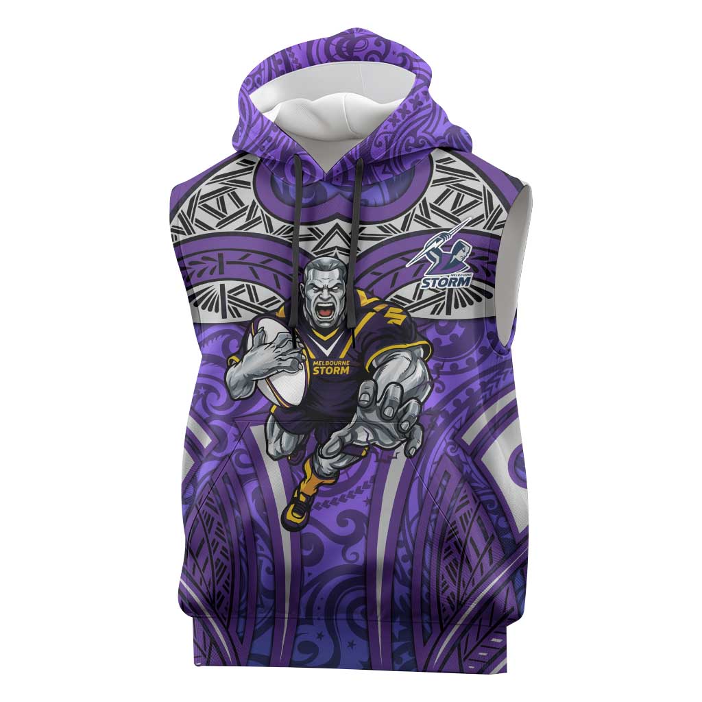 Melbourne Storm Rugby Sleeveless Hoodie Polynesian Tribal Warrior Lightning Purple Pattern
