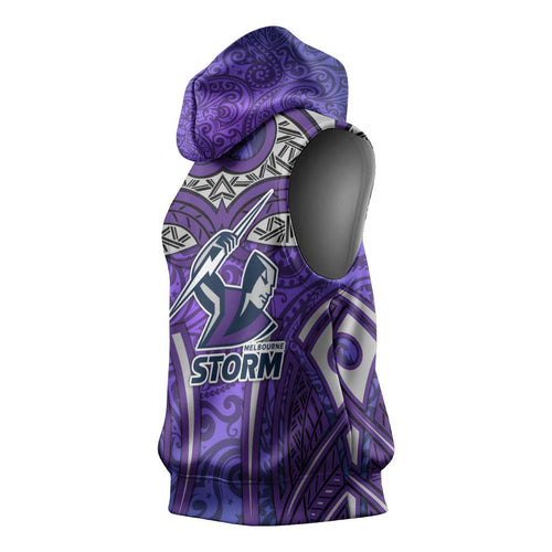 Melbourne Storm Rugby Sleeveless Hoodie Polynesian Tribal Warrior Lightning Purple Pattern