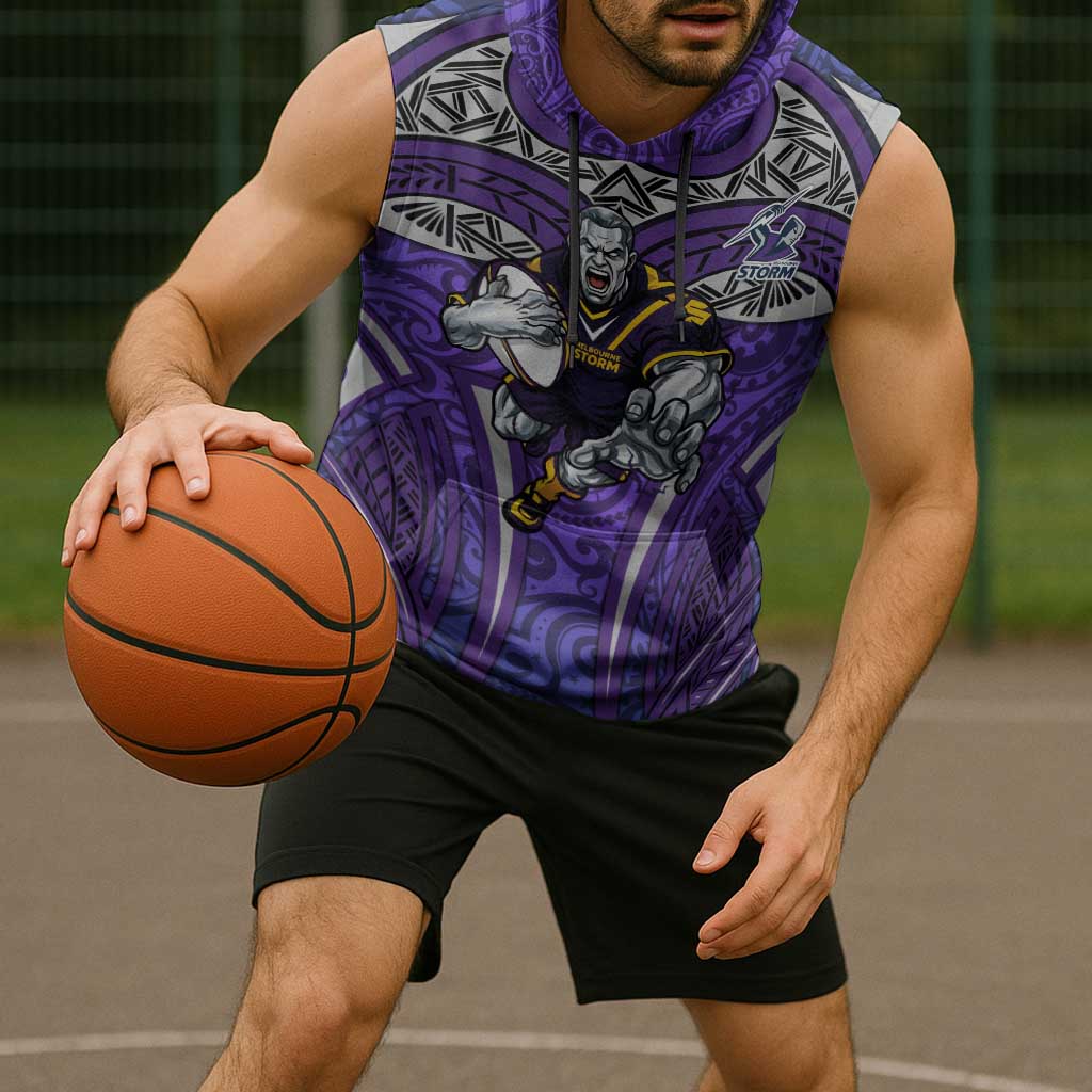 Melbourne Storm Rugby Sleeveless Hoodie Polynesian Tribal Warrior Lightning Purple Pattern