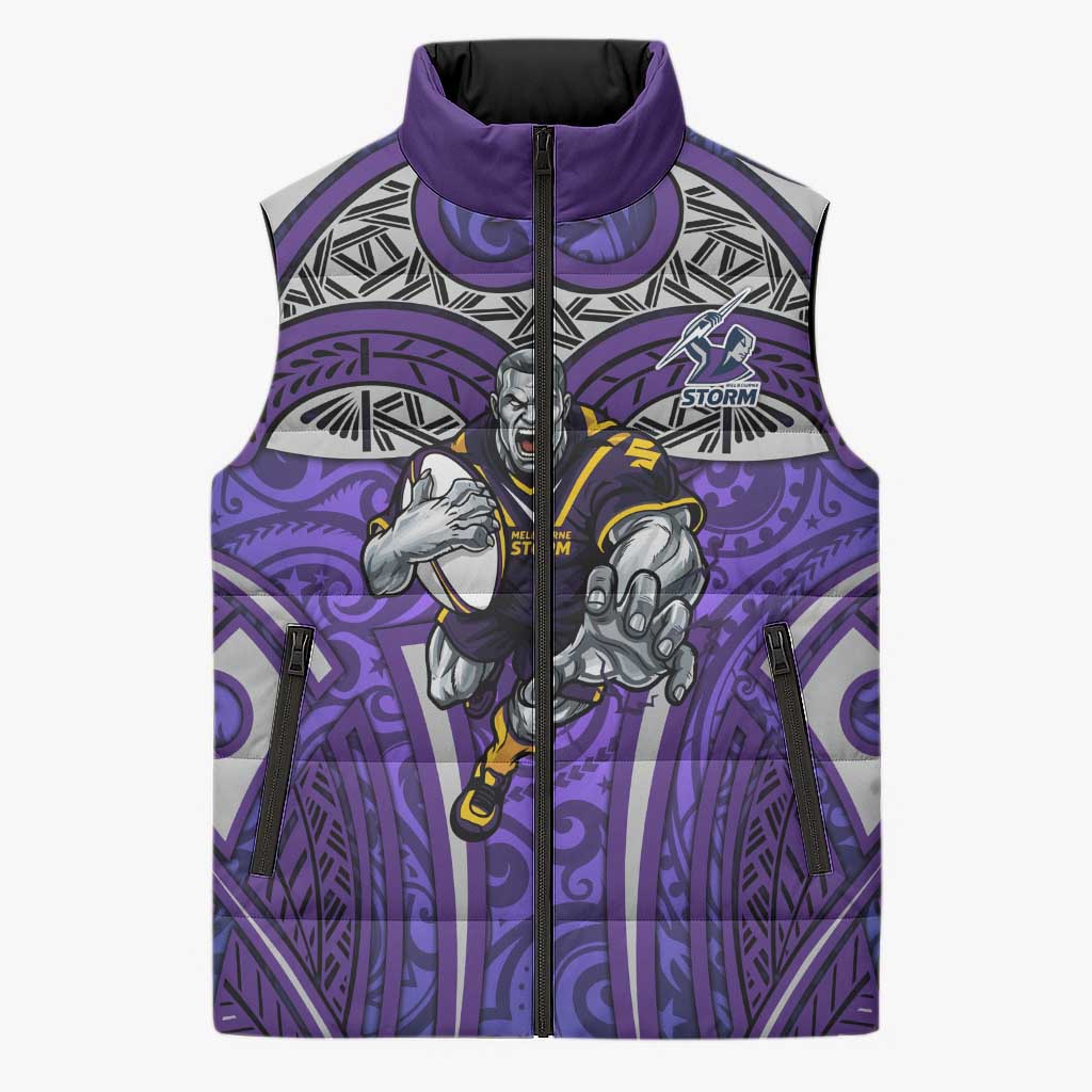Melbourne Storm Rugby Sleeveless Puffer Jacket Polynesian Tribal Warrior Lightning Purple Pattern
