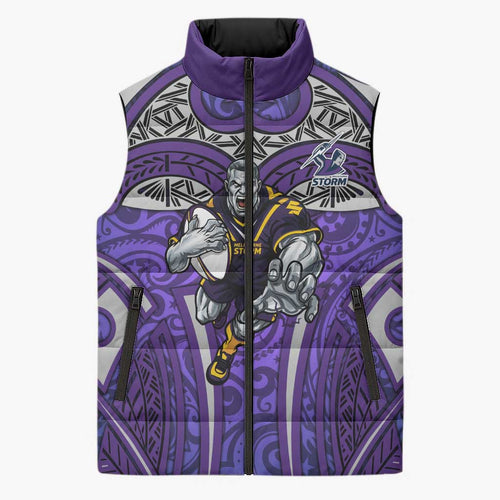 Melbourne Storm Rugby Sleeveless Puffer Jacket Polynesian Tribal Warrior Lightning Purple Pattern