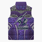Melbourne Storm Rugby Sleeveless Puffer Jacket Polynesian Tribal Warrior Lightning Purple Pattern