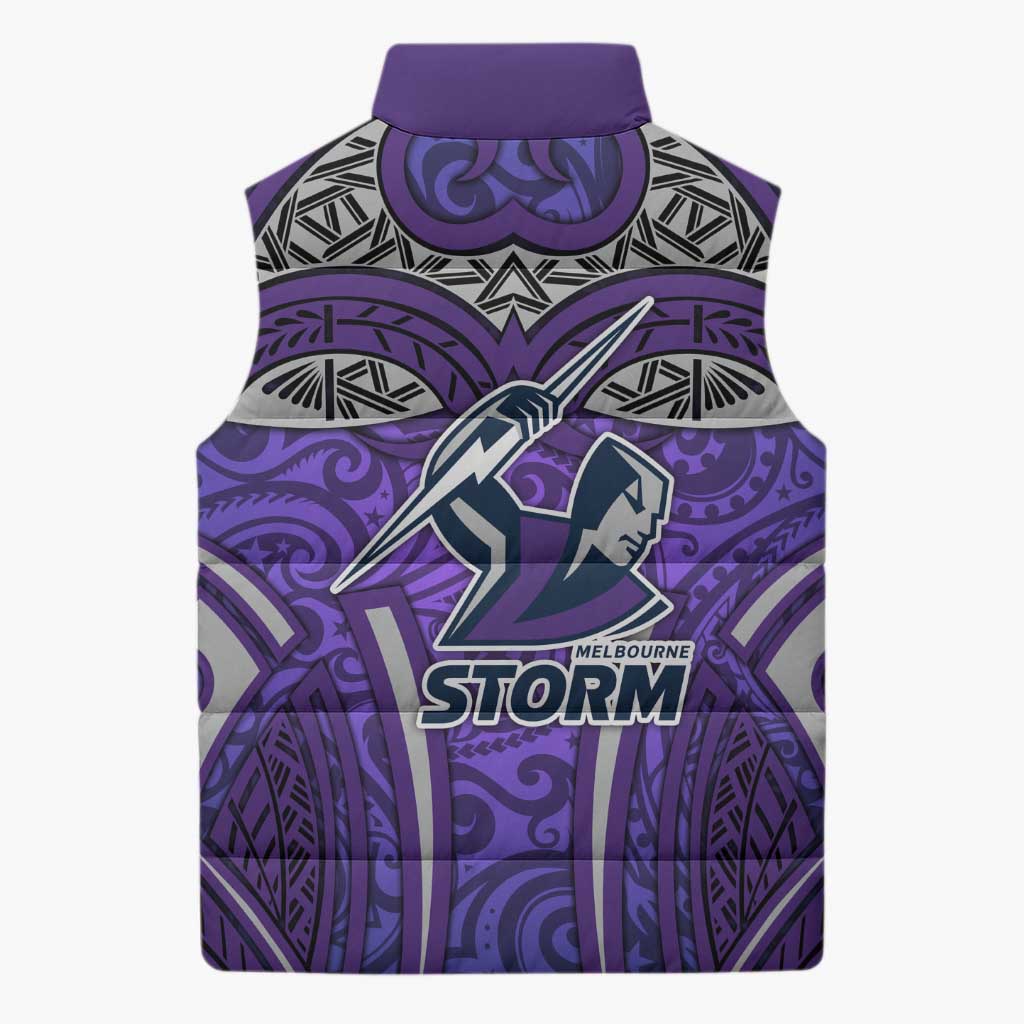 Melbourne Storm Rugby Sleeveless Puffer Jacket Polynesian Tribal Warrior Lightning Purple Pattern