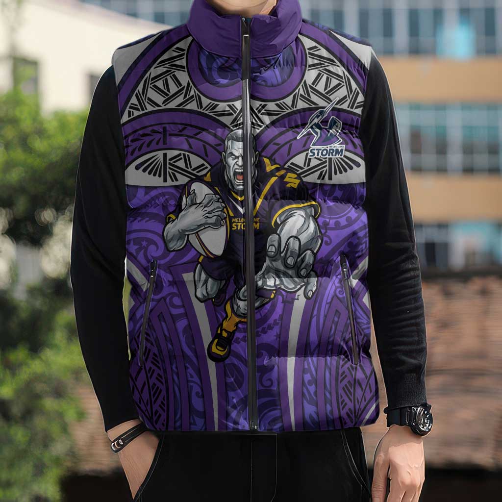 Melbourne Storm Rugby Sleeveless Puffer Jacket Polynesian Tribal Warrior Lightning Purple Pattern