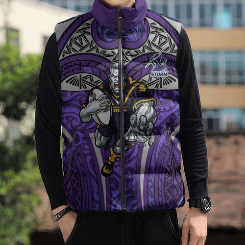 Melbourne Storm Rugby Sleeveless Puffer Jacket Polynesian Tribal Warrior Lightning Purple Pattern
