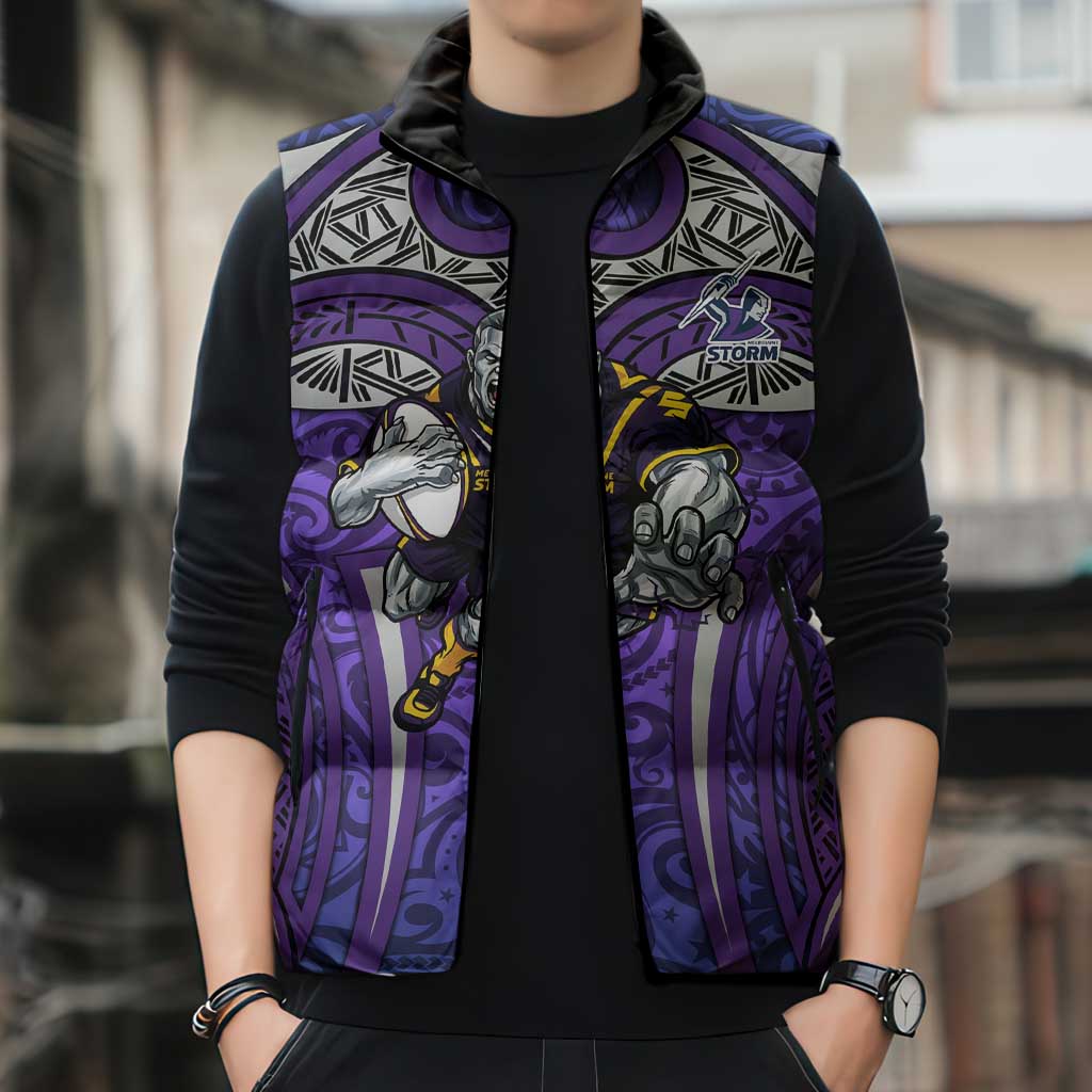 Melbourne Storm Rugby Sleeveless Puffer Jacket Polynesian Tribal Warrior Lightning Purple Pattern