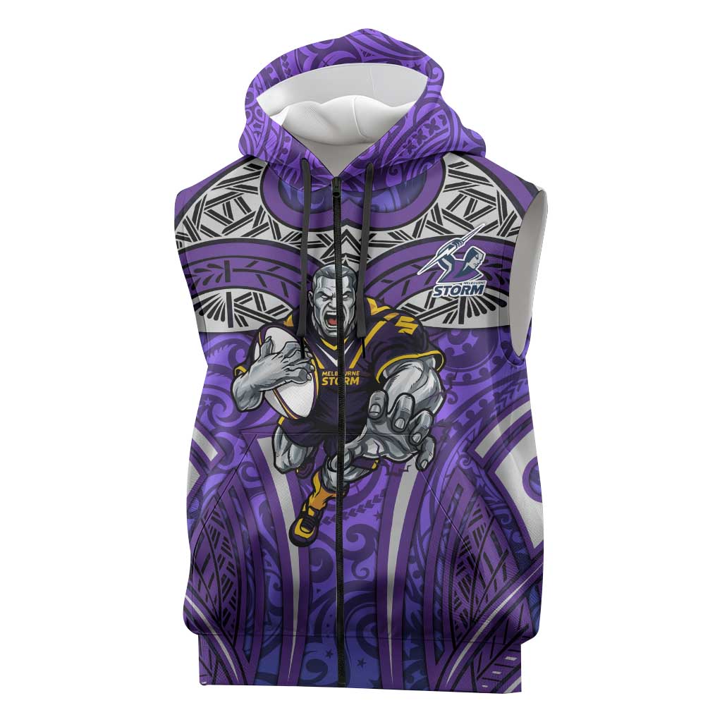 Melbourne Storm Rugby Sleeveless Zip Hoodie Polynesian Tribal Warrior Lightning Purple Pattern