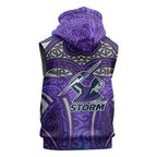 Melbourne Storm Rugby Sleeveless Zip Hoodie Polynesian Tribal Warrior Lightning Purple Pattern