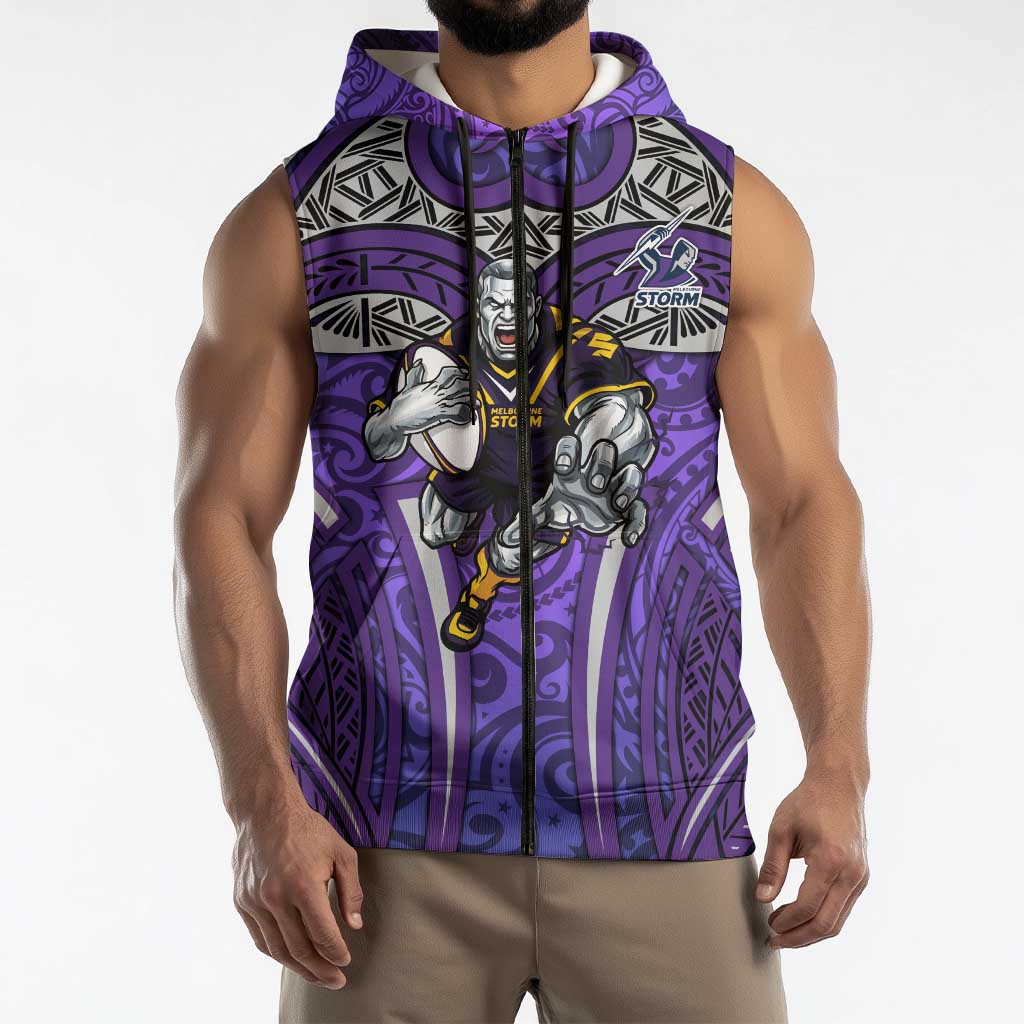 Melbourne Storm Rugby Sleeveless Zip Hoodie Polynesian Tribal Warrior Lightning Purple Pattern