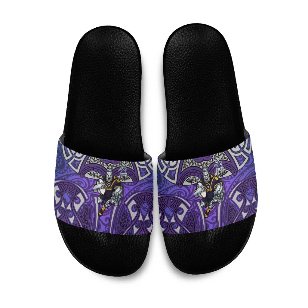 Melbourne Storm Rugby Slide Sandals Polynesian Tribal Warrior Lightning Purple Pattern