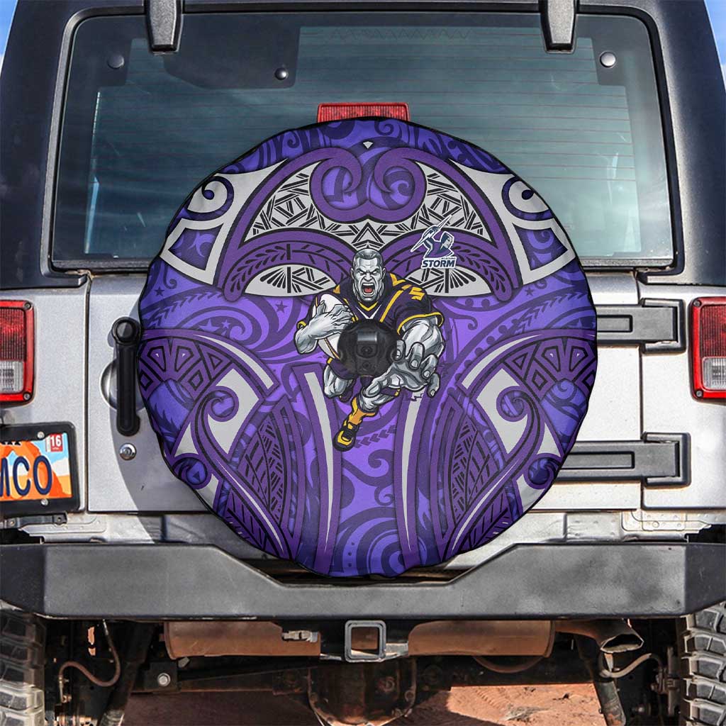 Melbourne Storm Rugby Spare Tire Cover Polynesian Tribal Warrior Lightning Purple Pattern