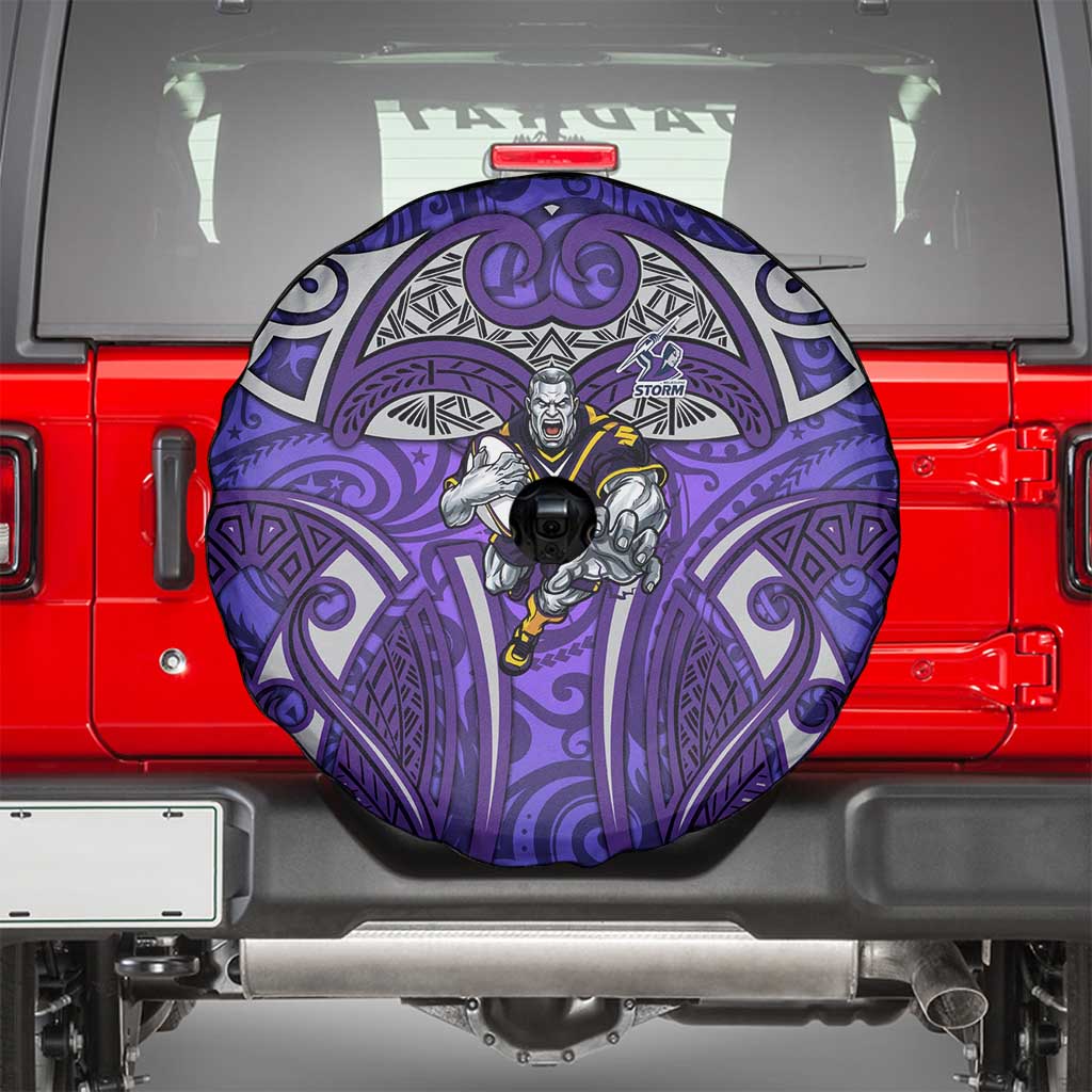 Melbourne Storm Rugby Spare Tire Cover Polynesian Tribal Warrior Lightning Purple Pattern