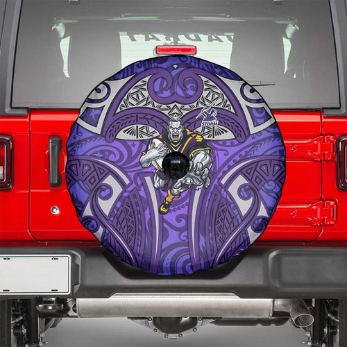 Melbourne Storm Rugby Spare Tire Cover Polynesian Tribal Warrior Lightning Purple Pattern