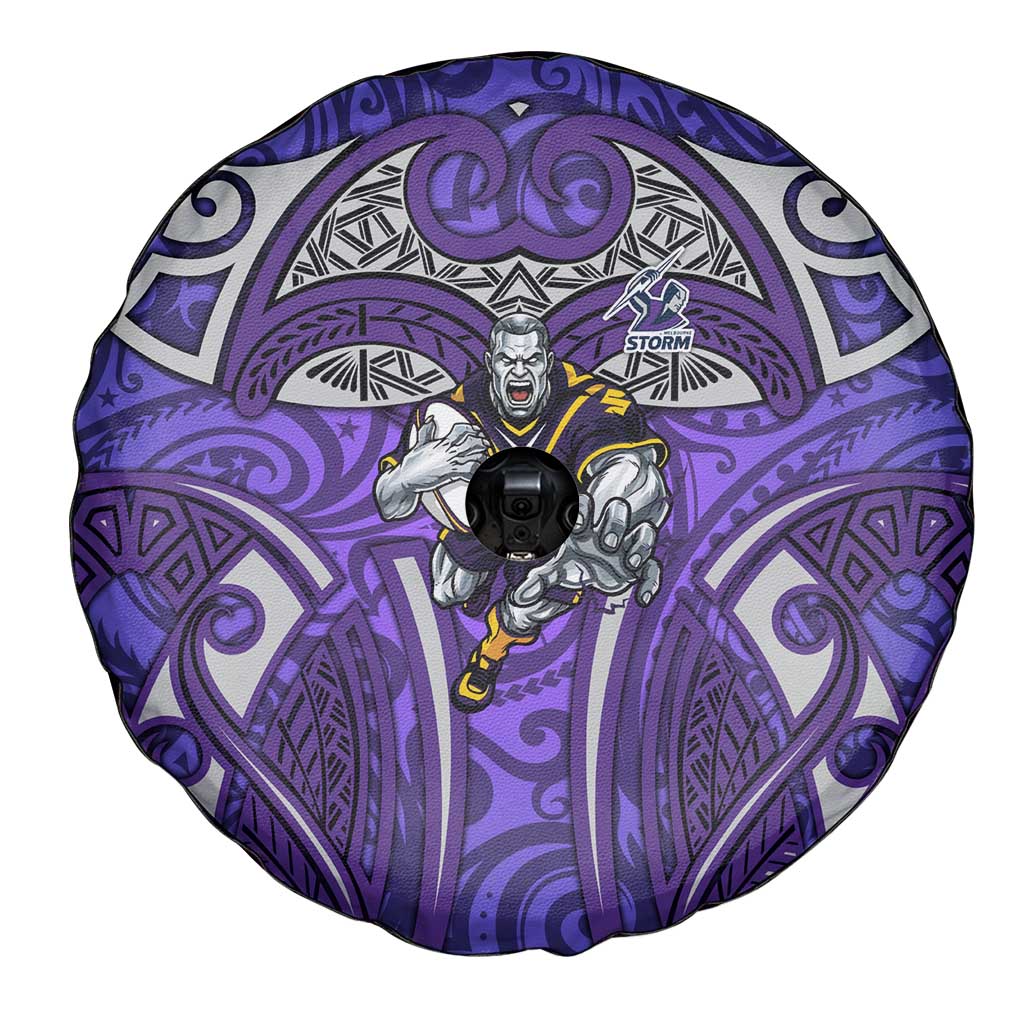 Melbourne Storm Rugby Spare Tire Cover Polynesian Tribal Warrior Lightning Purple Pattern