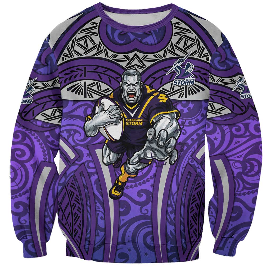 Melbourne Storm Rugby Sweatshirt Polynesian Tribal Warrior Lightning Purple Pattern