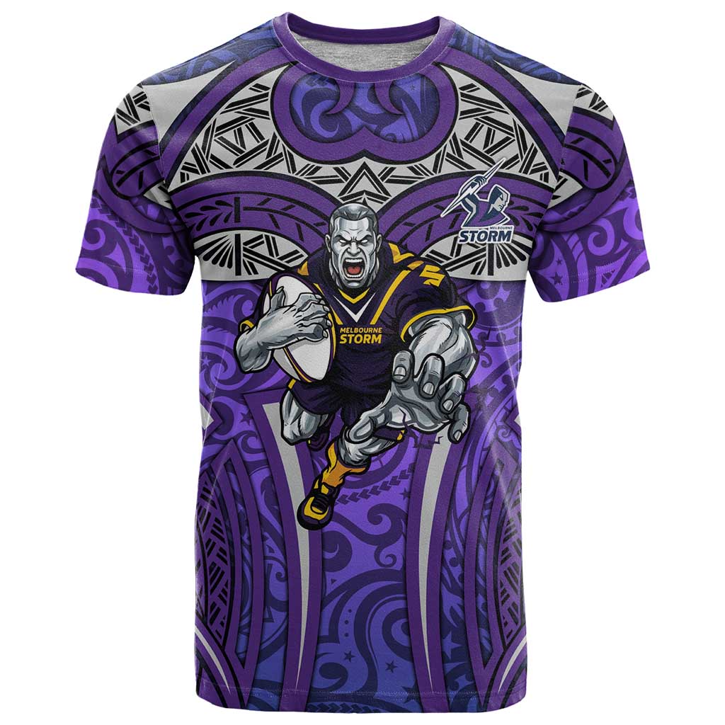 Melbourne Storm Rugby T Shirt Polynesian Tribal Warrior Lightning Purple Pattern