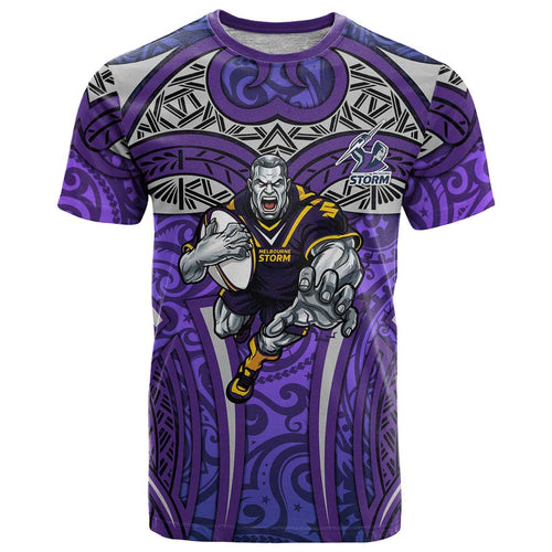 Melbourne Storm Rugby T Shirt Polynesian Tribal Warrior Lightning Purple Pattern