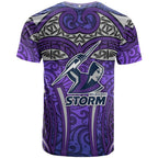 Melbourne Storm Rugby T Shirt Polynesian Tribal Warrior Lightning Purple Pattern