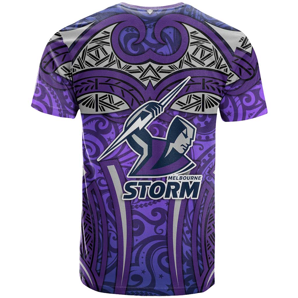 Melbourne Storm Rugby T Shirt Polynesian Tribal Warrior Lightning Purple Pattern