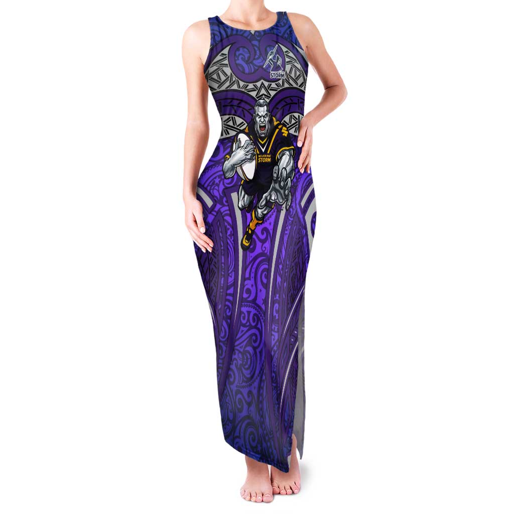 Melbourne Storm Rugby Tank Maxi Dress Polynesian Tribal Warrior Lightning Purple Pattern