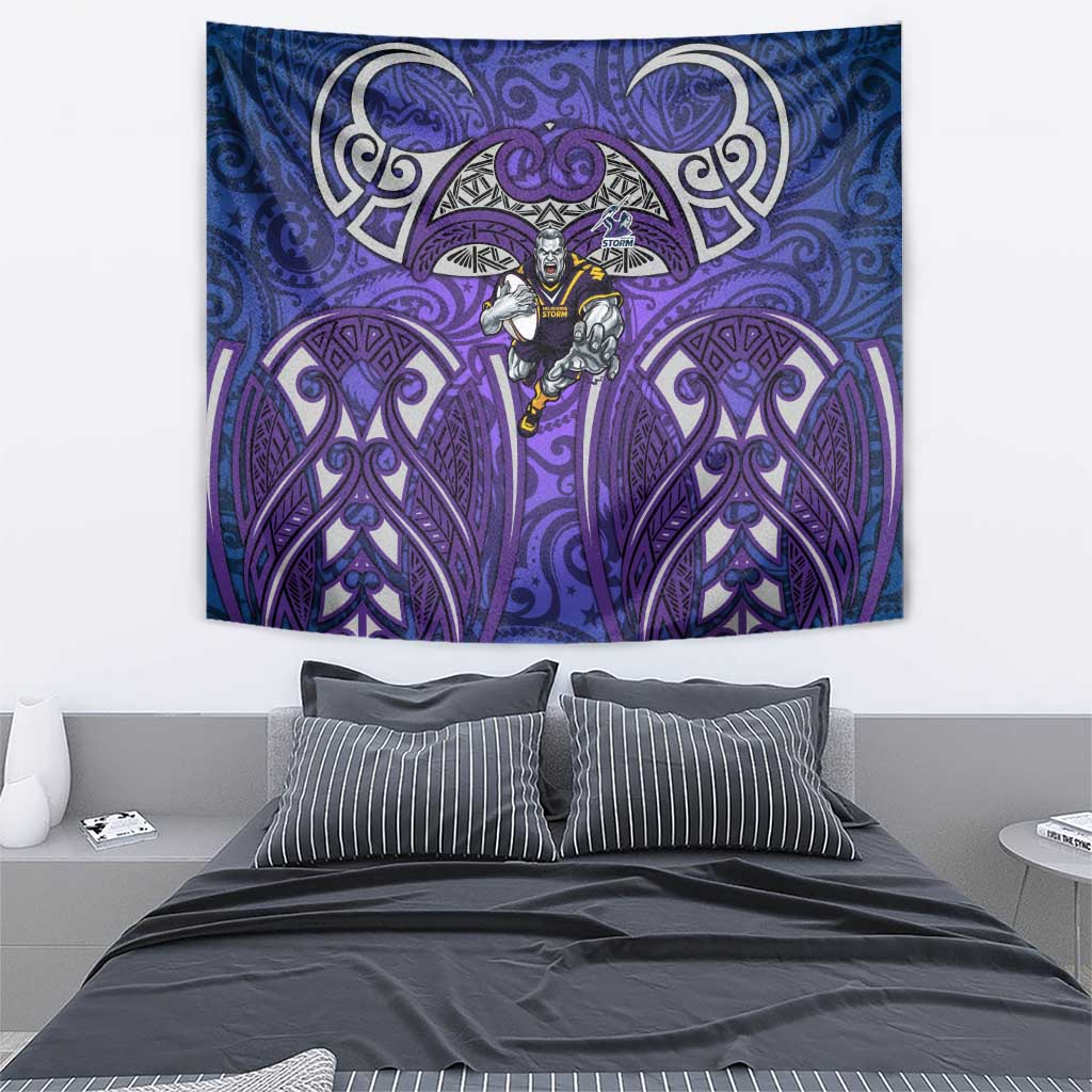 Melbourne Storm Rugby Tapestry Polynesian Tribal Warrior Lightning Purple Pattern