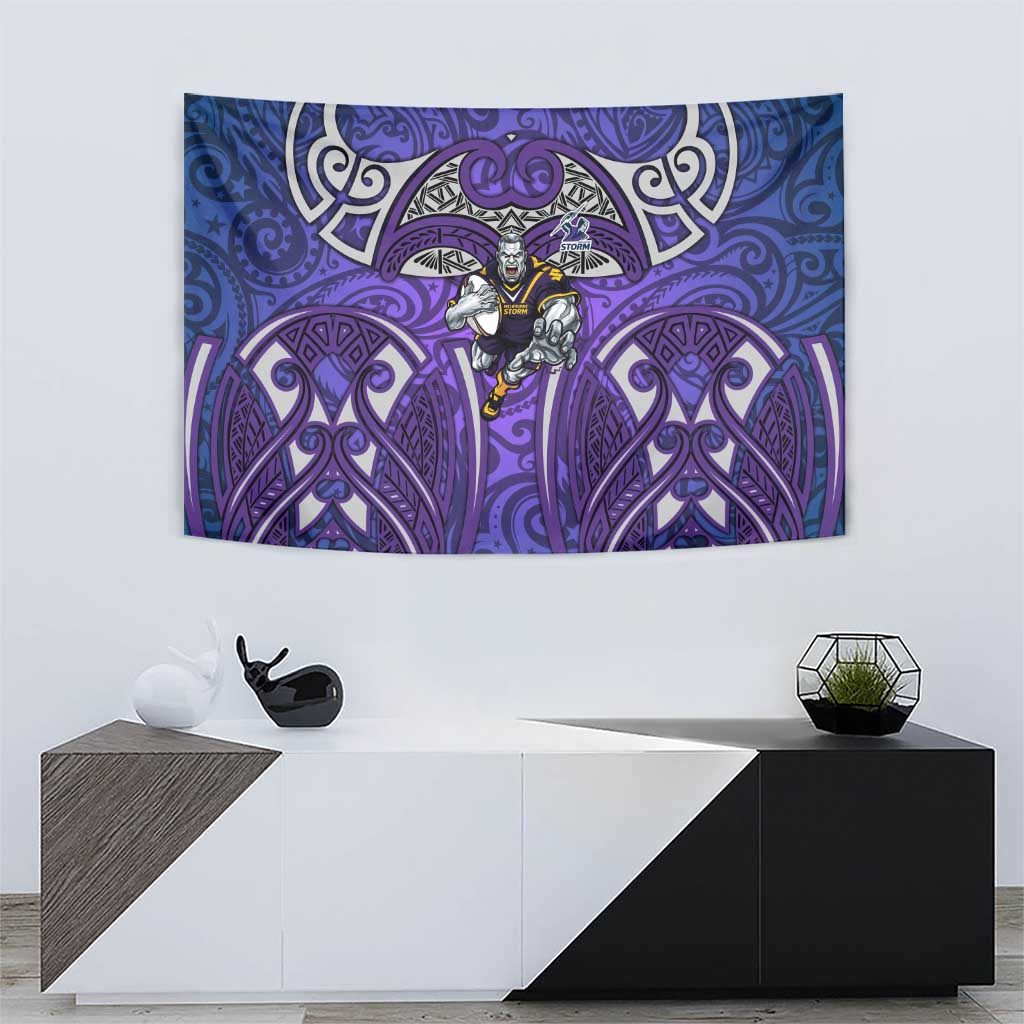 Melbourne Storm Rugby Tapestry Polynesian Tribal Warrior Lightning Purple Pattern