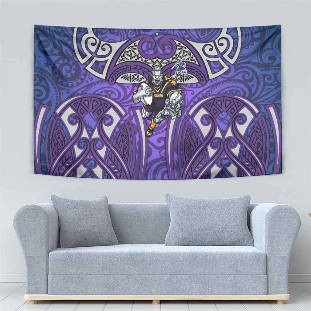 Melbourne Storm Rugby Tapestry Polynesian Tribal Warrior Lightning Purple Pattern