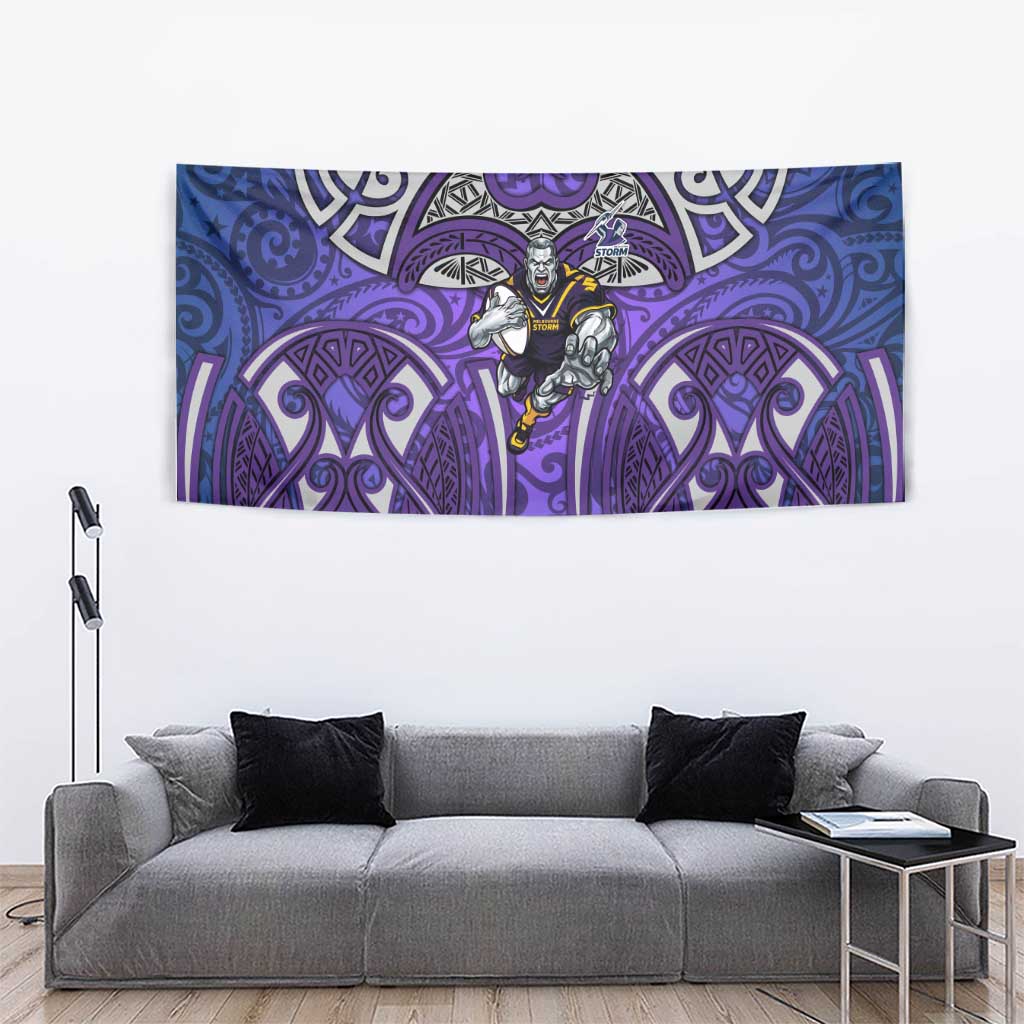 Melbourne Storm Rugby Tapestry Polynesian Tribal Warrior Lightning Purple Pattern