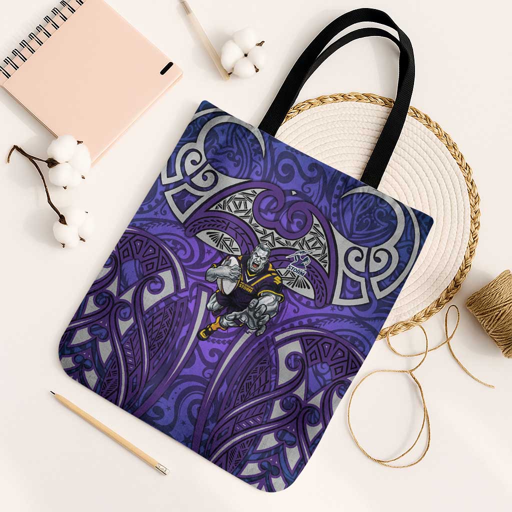 Melbourne Storm Rugby Tote Bag Polynesian Tribal Warrior Lightning Purple Pattern