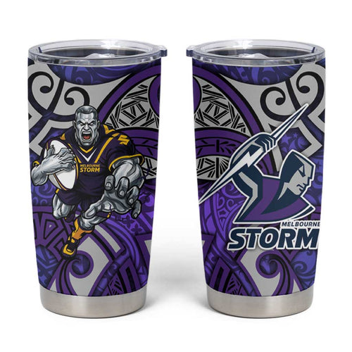 Melbourne Storm Rugby Tumbler Cup Polynesian Tribal Warrior Lightning Purple Pattern